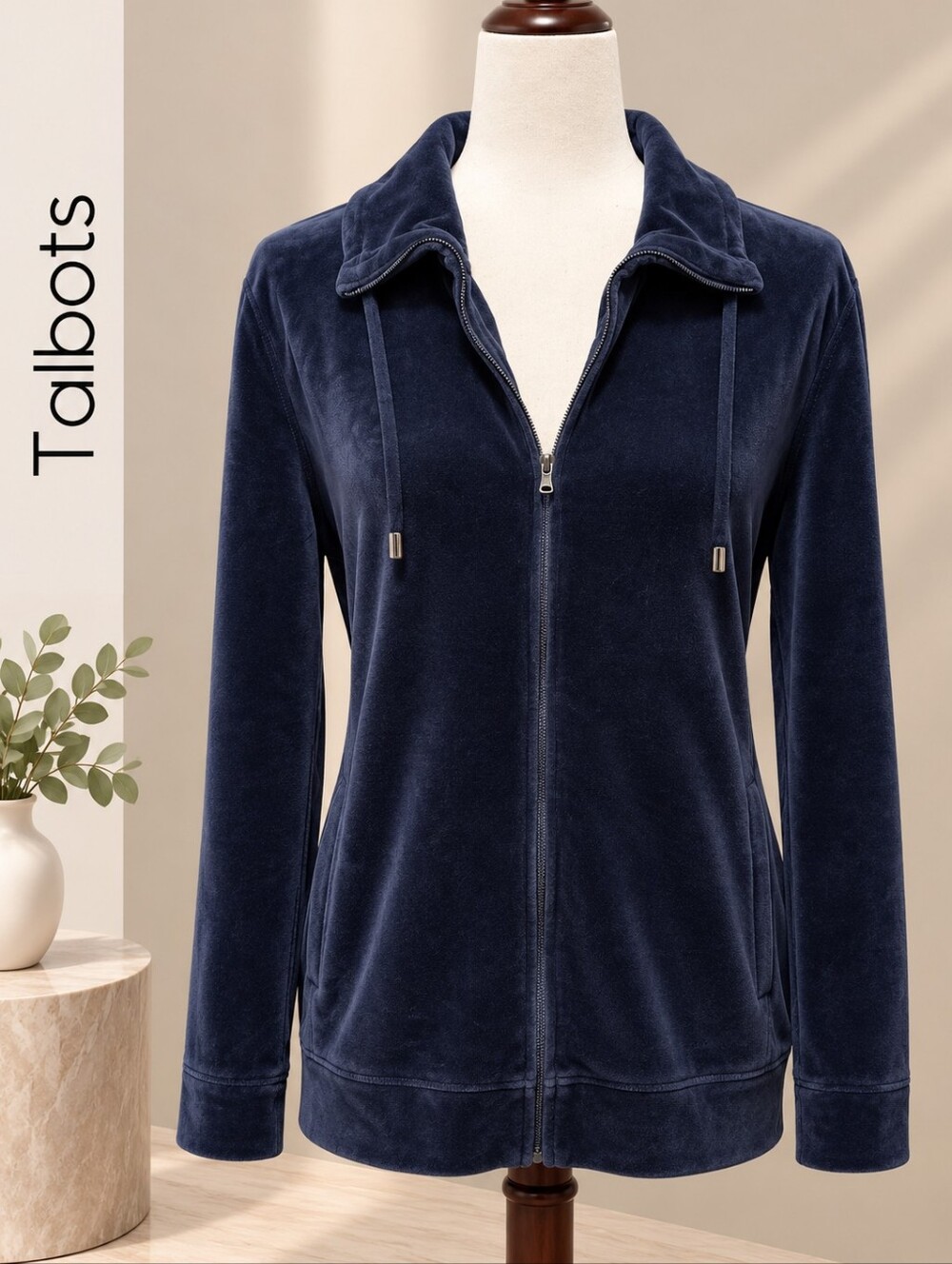Talbots Navy Blue Velour Full Zip Jacket Drawstring Collar Size Large